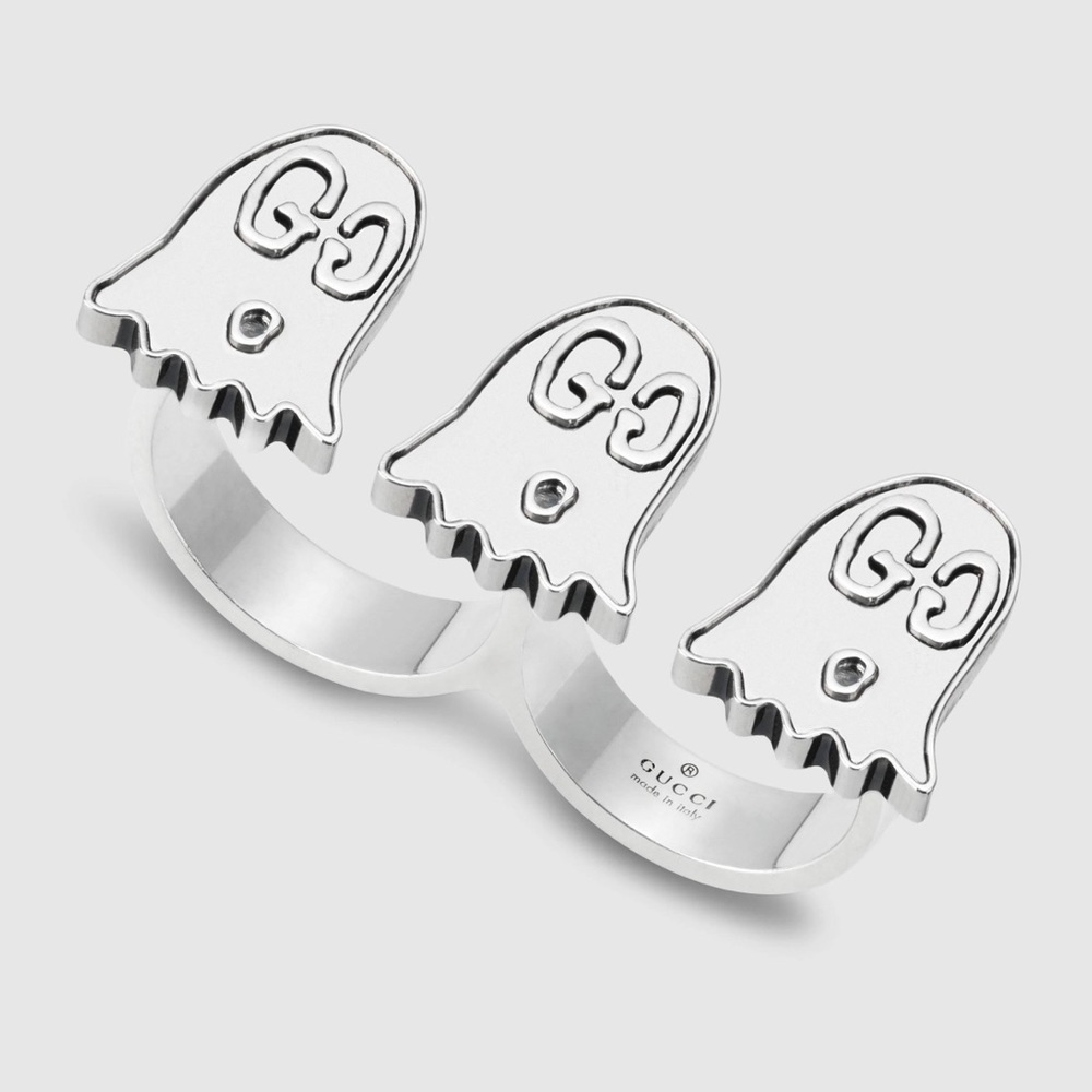 NEW Gucci Silver Double Ring Three GG Ghosts S